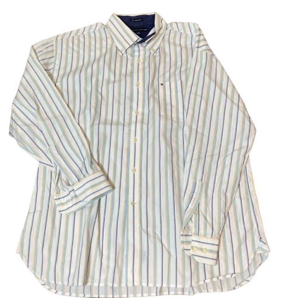 Tommy Hilfiger‎ Striped Dress Shirt 80's 2 ply fabric white green blue yellow XL